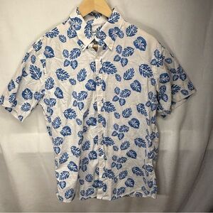 Blue and White Casual Button Down Shirt with Floral Design